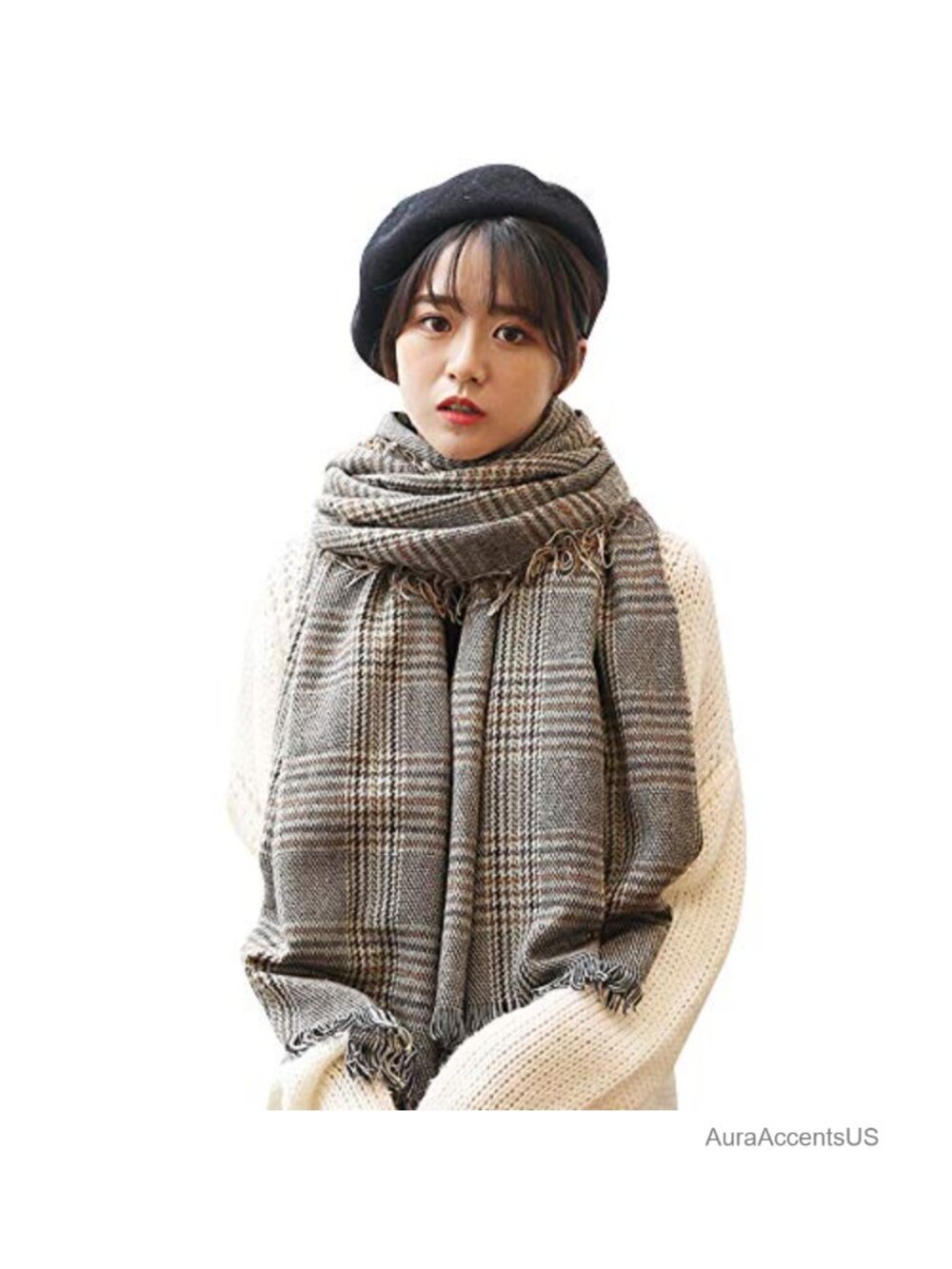 Extra Large Plaid Faux Cashmere Blanket Scarf Shawl with Tassels for Winter